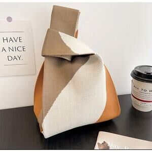 Cute Knit Handbag Bag - Brown Cream Orange